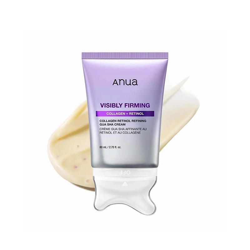 anua-collagen-retinol-gua-sha-cream-80ml-front کرم گواشا رتینول آنوا ۸۰ میلیلیتری با هد ماساژ و نمونه بافت کرم