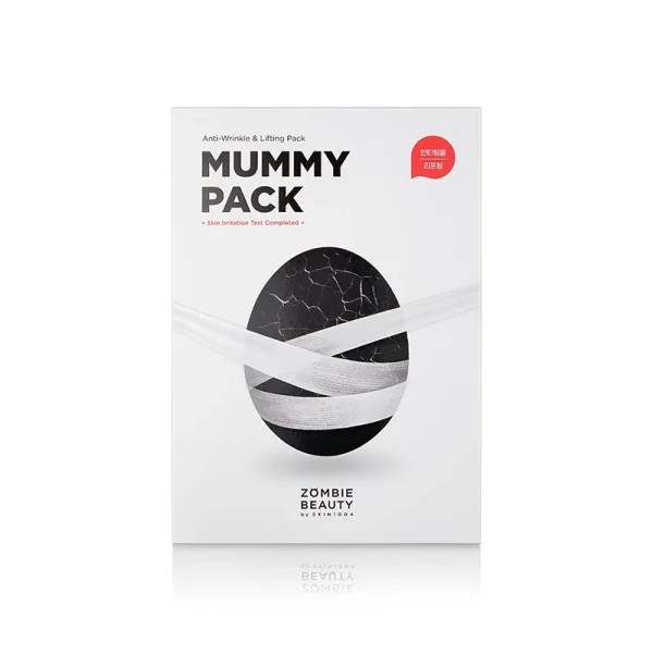 ماسک لیفتینگ مومیایی اسکین 1004؛ جعبه سفید با طرح تخم سیاه ترک‌خورده و برچسب Anti-Wrinkle & Lifting Pack